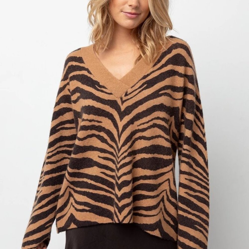 Rails Eleanor Animal Tiger Print Chestnut Stripe V-Neck Sweater Size Small